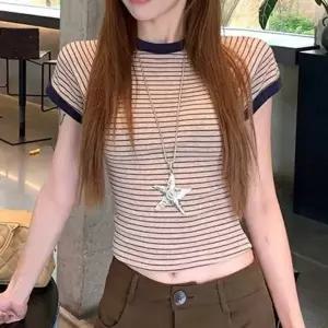 배색 라인 크롭 스트라이프 반팔 크롭티 반팔티 슬림핏반팔티 줄무늬 티셔츠 캐주얼룩