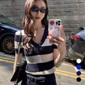 URK-579 여성 꽈배기 패턴 슬림 브이넥 니트 반팔