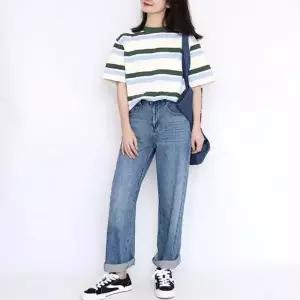 배색 반팔티 라운드티 여성면티 여름반팔 여자 여름 스트라이프 루즈핏