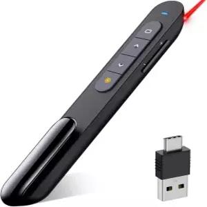 DinoFire USB Type C 무선 프레젠터 원격 프레젠테이션 클리커 볼륨 조절 파워포인트 레드 포인터 포함