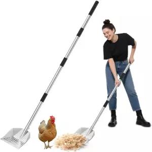 닭똥 스쿠퍼 2-in-1 갈퀴 체 - 작은 공간을 위한 조절 가능한 스테인리스 스틸 손잡이(35-59인치)가 있는