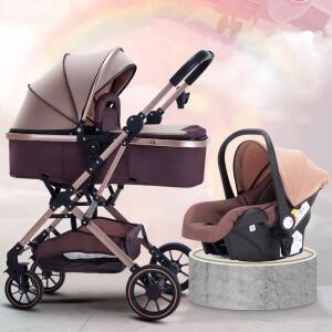 3-in-1 하이뷰 유모차 (카시트 포함), 접이식, 등받이 조절 가능, 양대면 휴대용 충격 흡수 유모차