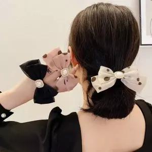 여성 3컬러 실크 땡땡이 진주 도트 머리끈 헤어끈