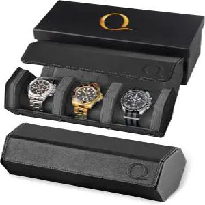 QWATCHBAND 남성용 나파 가죽 시계 롤 헥사곤 트리플 여행용 케이스 벨벳 인테리어 디스플레이가 있는 보관