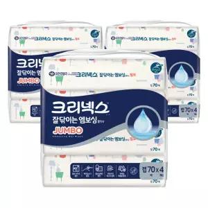 테온셀 크리넥스 잘닦이는 엠보싱 70매x4개입 3팩 점보 캡형 물티슈 물휴지 -