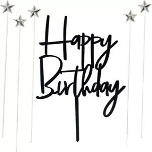 블랙 아크릴 생일 축하 케이크 토퍼 1개 세트 은색 스타 컵케이크
