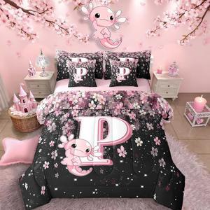 EROSEBRIDAL PINK AXOLOTL 십대 소녀를 위한 여성스러운 (핑크 세트 이불 디자인 레터 7피스, - 귀여운 P 이니셜 A 퀼트 백 사이즈) 퀸 침구 베드 프레피 인 블랙, 벚꽃