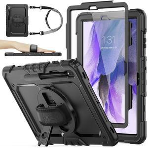 탭 S7 FE / S8 플러스 5G 케이스 12 4인치 화면 보호 펜슬 홀더 [360 회전 핸드 스트랩] 스탠드 낙하 방지 블랙용 SEYMAC 스톡