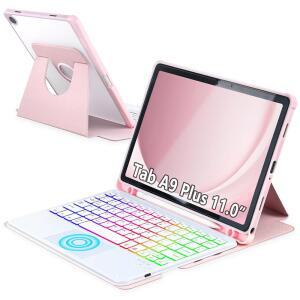 탭 A9용 MePadKey 터치패드 키보드 케이스 11인치 SM X210 /X215 /X216 360도 회전 커버와 컬러 백라이트 마그네틱 탈착식 태블릿 A9 용 (핑크 화이트)