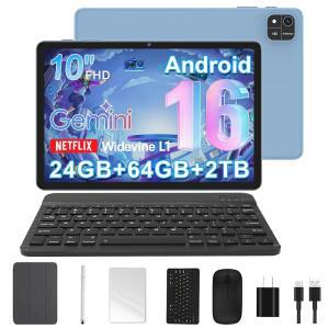 안드 16 태블릿 옥타코어 10인치 24GB RAM 64GB ROM 2TB 확장 제미니 AI 6000mAh WiFi GPS 듀얼 카메라 BT 5 0 키보드 케이스 마우스 스타일러스(파란색) PC 1대