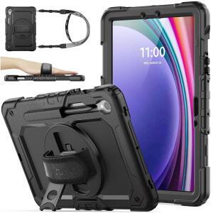 탭 S10 라이트 / FE S9 5G 태블릿 케이스 10 9 11 화면 보호기 펜 홀더 360 회전 스탠드 핸드 스트랩 어깨 블랙1