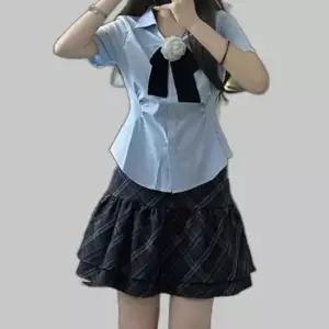 교복몰 스카이블루 핀턱 반팔 체크치마 교복세 세라복