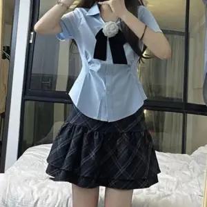 스카이블루 핀턱 반팔 체크치마 세라복 교복세트