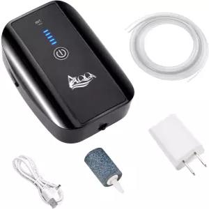 AQQA 수족관 에어 펌프 스톤 튜브 USB 케이블 및 어댑터가 장착된 담수 염수 탱크용 배터리 충전식 휴대용