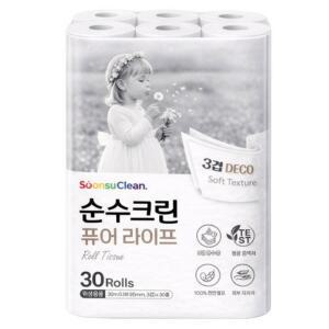순수크린 퓨어라이프 천연펄프100% 롤화장지 30m 30롤 1팩/2팩