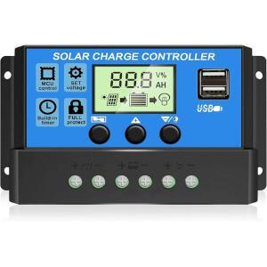 [업그레이드] 30A 태양광 충전 컨트롤러, 12V/ 24V 패널 레귤레이터, 조정 가능한 LCD 디스플레이 듀얼 USB 포트 타이머 설정 PWM 자동 매개변수 포함