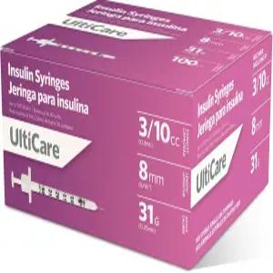 UltiCare U-100 3/10cc 인슐린 주사기 31G x 5/16인치 100개 편안하고 정확한 투약 모든 강도 호환 가능