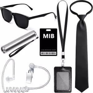 아섹 6개 에이전트 코스튬 비밀 서비스 할로윈 남성용 스파이 액세서리 세트 여성 블랙 의상
