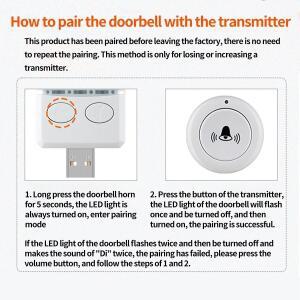 USB 무선 초인종, RF 433Mhz 페어링 리모컨, 30M DC 5V 스마트 문짝 벨, 침대 관리 통화, 단추 톤 볼륨 조