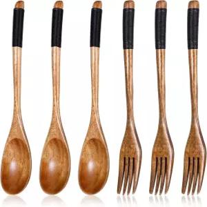 6 PCS 주방 목재 디너 식기 세트 나무 숟가락 및 포크 식사용 조리용 재사용 가능한 대나무