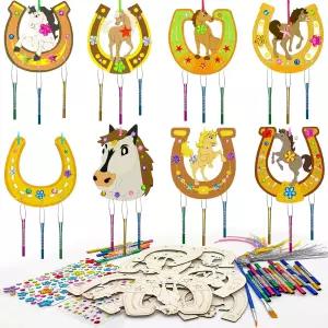 16팩 말굽 바람 차임 색칠 공예 키트 DIY 나무 말 파티 혜택 웨스턴 카우보이 생일 장식 페인트 아트