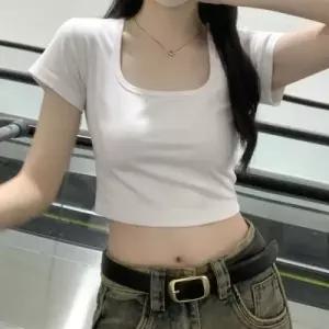 U넥 슬림 무지 반팔 크롭티셔츠 NF 98