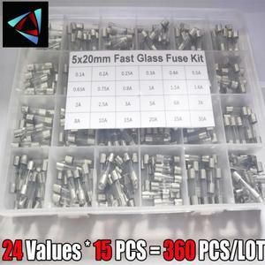360피스 24 값 5x20mm 고속 유리 퓨즈 키트 0.2A 1A 2A 3A 5A 6A 8A 250V 5x20 보험 튜브 패키지
