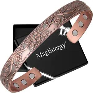 여성용 MagEnergy 구리 팔찌 순도 빈티지 플라워 마그네틱 뱅글 3500 가우스 자석 조절 가능한 커프 주얼리
