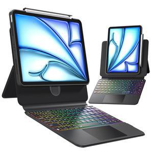 iPad Pro 13인치용 Uminy 키보드 케이스(M5 2025 / M4 2024), 슬라이딩 레일 높이 조절 가능, 멀티 터치 트랙패드, 360 회전 가능, 마그네틱 탈착식 클리어 백, 블루투스, 7색 백라이트, 블랙