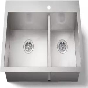 KOHLER 볼트(TM) 33인치 탑/언더마운트 싱크 대형/중형 더블 볼 단일 수도꼭지 구멍이 있는 스테인리스