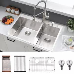 BWXIAOC 33x22 인치 더블 볼 주방 싱크대 드롭 인 - 16 게이지 스테인리스 스틸 탑 마운트 60/40 분할