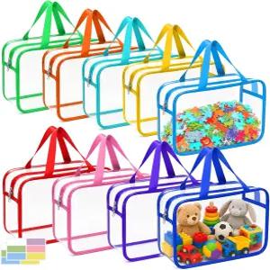 9팩 9가지 색상의 방수 장난감 보관 가방 라벨이 있는 11.8x8.7x4인치 대형 투명 PVC 정리 듀얼 지퍼 및