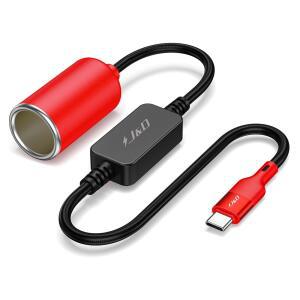 eAj J&D USB C 남성용 12V 차량용 라이터 소켓 여성용 컨버터 케이블, 대시 캠용 12V 18W 전원 케이블, GPS, 차량용 LED 라이트 스트립, 빨간색, 1피트