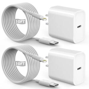 eAj 고속 충전기, 퀵 10피트 USBC 벽 충전기 휴대폰 충전 2팩 PD USB C 고속 충전 블록 + 14용 롱 10피트 라이트닝 고속 충전 케이블 /Pro Max /Plus /13 /12 /11 /XR /XR /SE2022 /