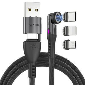 eAj Statik 360 Pro 자기 충전 케이블 - 타입 C 충전기 3-in 1 USB C to USB C 케이블, 마이크로 USB 및 iProduct 팁, USB A 어댑터, 모든 기기에 적합 - 100W 고속 충전기, 블랙 6FT / 2M
