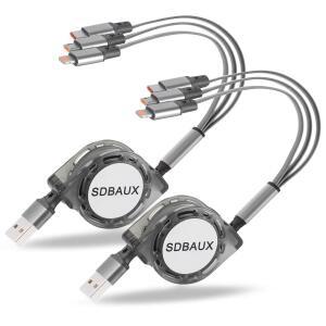 eAj SDBAUX 멀티 USB 충전 케이블 리트랙터블 3-in 1 멀티 충전 코드 어댑터, 미니 타입 C 마이크로 USB 포트 커넥터, 휴대폰 태블릿 범용 호환(2팩 / 3.3FT)