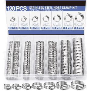 120Pcs 8-38mm 스테인레스 스틸 스크류 밴드 호스 클램프 자동차 연료 튜브 파이프 웜 기어 플라이어 도구