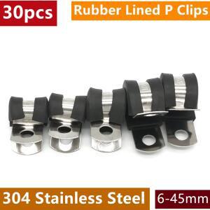 30Pcs 고무 줄 지어 P 클립 6-45mm 304 스테인레스 스틸 브래킷 클램프 파이프 벽 장착 고정 패스너 와이어