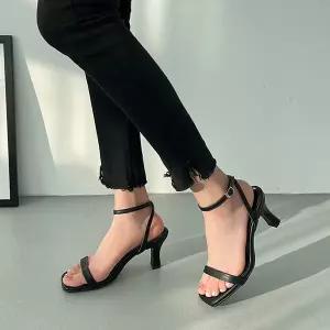 국내생산 수제화 스퀘어 스트랩 샌들힐 여성 뮬 여름 슬리퍼 7cm 3colors