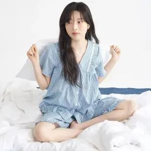 메이플라워 블루ST V넥 반팔 순면 여성 빅사이즈 잠옷 세트