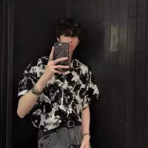 남친 여름 반팔 슬림핏 넥 솔리드 아일렛 꽃무늬 셔츠 원픽2