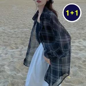 [유어하젤] [1+1]프리즈 시스루 체크 롱셔츠_G3980