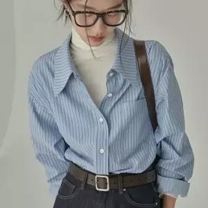 하늘색 셔츠 루즈핏 여성 여름 간절기 롱셔츠 스트라이프 캐주얼룩 스트라이프남방