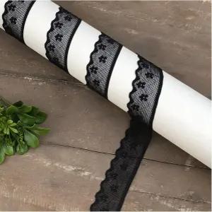 야치로비 1인치 블랙 레이스 리본 부드러운 탄력 트림 결혼식 파티 장식용 10야드 플로럴 브이넥 바느질