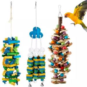 Seenelling 3Pcs 초대형 새 앵무새 장난감 다색 천연 나무 케이지 씹는 대형 중형 Macaws Cockatoos