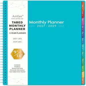 2027-2029 월간 플래너 - 3년 2027년 1월 2029년 12월 9 x 11 두꺼운 종이 다채로운 탭 학교 가정 및