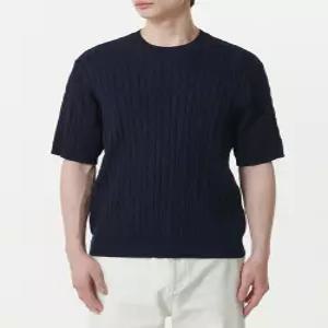 무신사 스탠다드 케이블 크루 넥 반소매 니트 네이비 878659