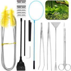 Rustark 13Pcs 아쿠아스케이프 도구 키트 - 스테인리스 스틸 수족관 식물 핀셋 가위 스크래퍼 어항용 모래
