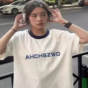 반팔티셔츠 라운드티 링거 숏슬리브 오버핏 배색 여성면티 반팔티 라운드넥