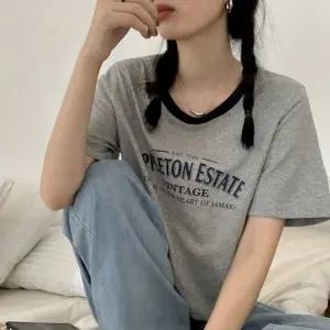 반소매 세미크롭 반팔티셔츠 크롭티셔츠 배색 영문 레터링반팔티 티셔츠